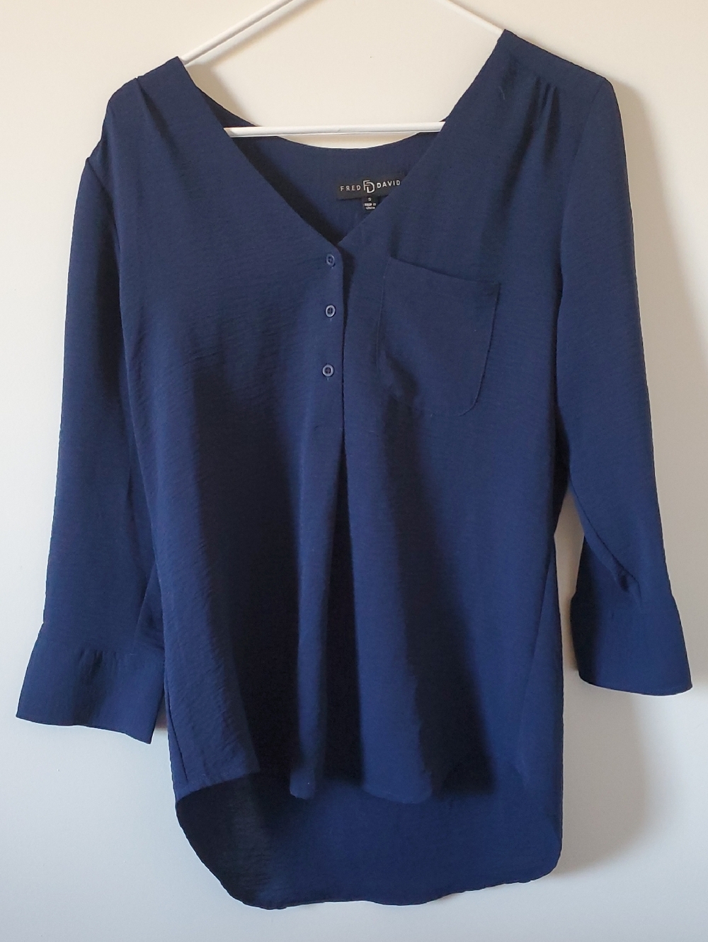 Fred David Deep Navy V-Neck Button Front Blouse Women's Size Small